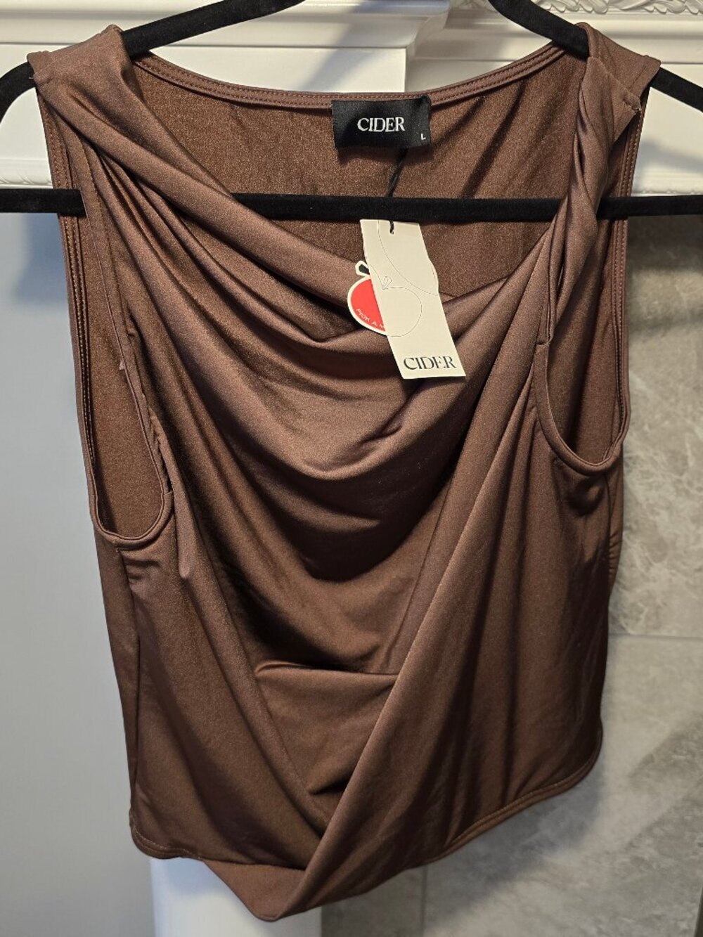 NWT Cider Solid Knotted Cowl Neck Crop Tank Top in brown size large
